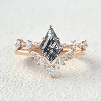 Bague de fiançailles en argent sterling 925 plaqué or rose, sertie de 6 griffes, avec quartz naturel véritable rutilé noir taille cerf-volant