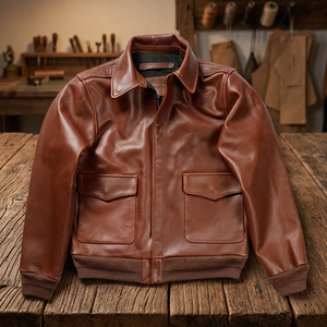 Chaqueta Bomber de Cuero Genuino Marrón para Hombre, Cuello Camisero, Cierre de Cremallera, Bolsillos, Ropa de Otoño - Product Image 4