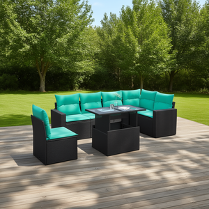 ชุดโซฟาลานบ้านหวายโพลีสีดำ 7 ชิ้นพร้อมเบาะรองนั่ง เฟอร์นิเจอร์กลางแจ้ง ดีไซน์ร่วมสมัย - Product Image 2