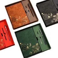 Cuaderno Artístico de Cuero con Tapa Grabada, Set de Bolígrafos con Paisaje Chino, Organizador Personal, Caja de Regalo