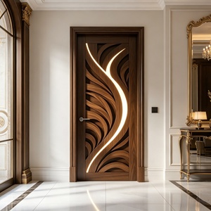 High-End Walnut <b>Veneer</b> Entry Door with Unique LED Light Strip & Geometric Carving - Product Image 2