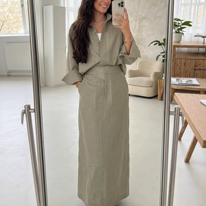 ชุดเซ็ต 2 ชิ้น ขายส่ง เสื้อเชิ้ตแขนยาวปกคอปกสำหรับ<span class=keywords><strong>ผู้หญิง</strong></span> กระโปรงเอวสูง ชุดลำลองสำหรับสุภาพสตรีทำงาน ชุดสูทฤดูร้อนสำหรับผู้หญิง - Product Image 1