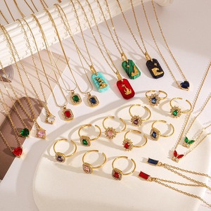 Conjunto de collar y anillo de acero inoxidable con forma geométrica, chapado en oro de 18k, con circonitas, accesorio de moda para uso informal. - Product Image 3