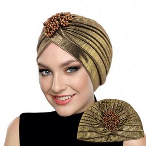 Venta al por mayor de turbantes para mujer con accesorios metálicos, sombrero indio de poliéster sólido, de lujo, transpirable, étnico, musulmán, para uso diario. - Product Image 1
