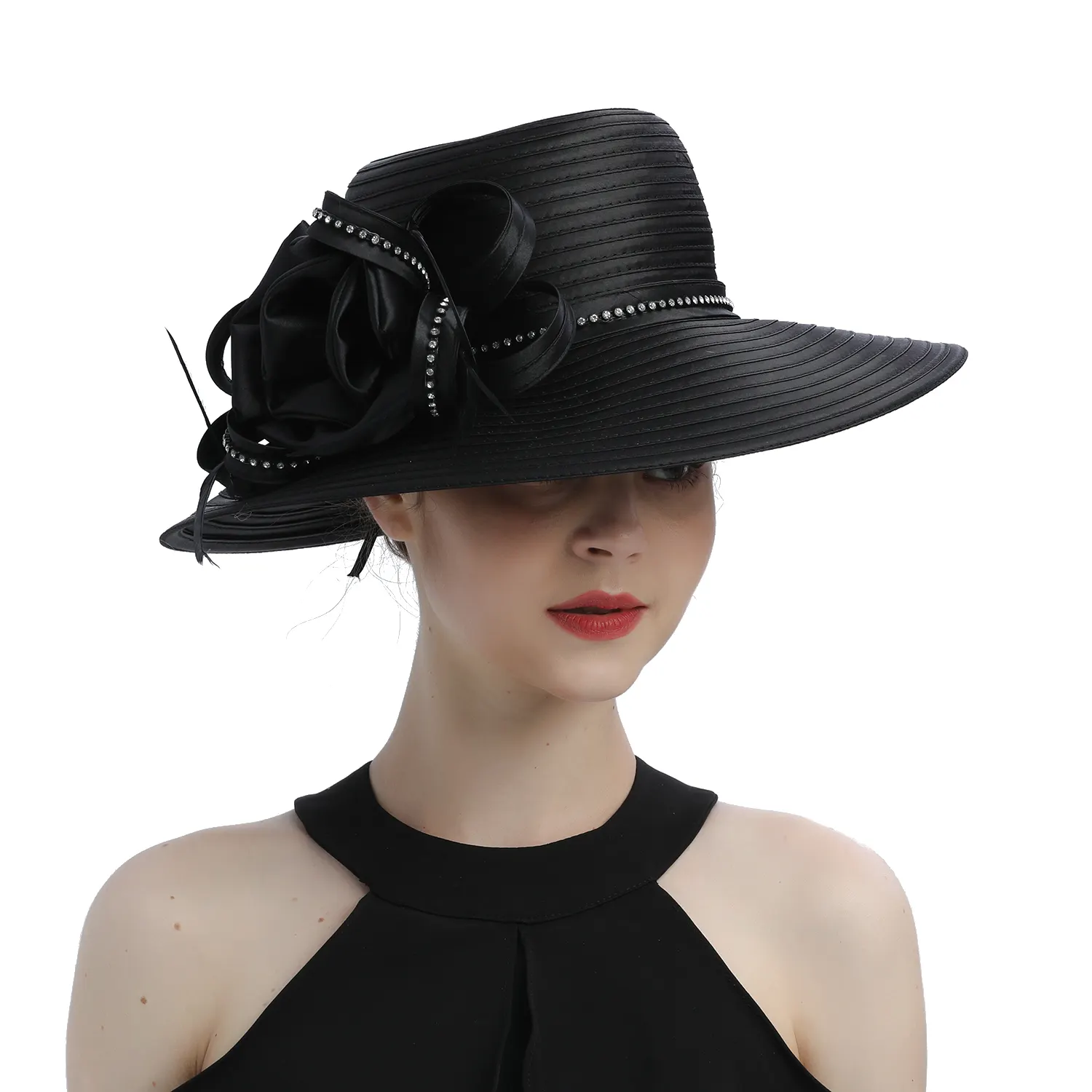 Topi gereja kain Satin paling populer sempurna topi Pernikahan fotografi Unik Mewah topi atasan Fascinator bunga Formal wanita