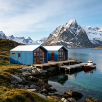 Cabane modulaire en conteneur maritime préfabriqué bleu, 2 unités, toit en pignon, avec quai en bois pour vacances au lac Fjord