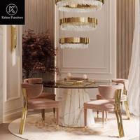 Ensemble de table à manger ronde de luxe moderne avec plateau en marbre, chaises rembourrées en velours avec dossier plaqué or pour villa et manoir