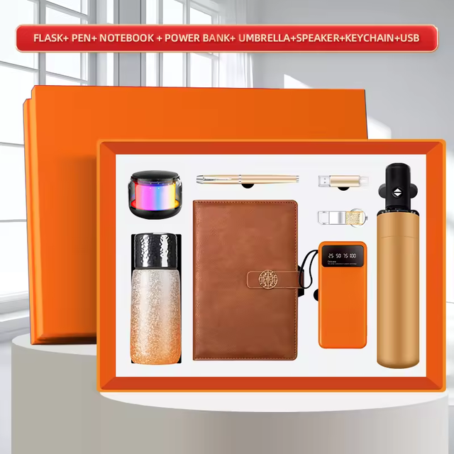8 in 1 Corporate Gift Set 400ml Titanium-Coated Cup Pen Notebook Umbrella USB Power Bank Bluetooth Speaker Keychain Custom Logo