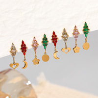 Boucles d'oreilles pendantes en acier inoxydable en gros, motif arbre de Noël, fleur et cœur, avec zircon rose et vert pour femme