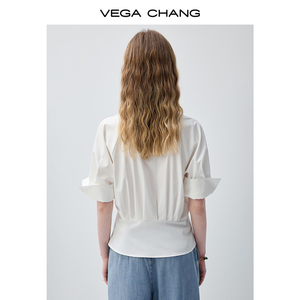 VEGA CHANG <span class=keywords><strong>Camicetta</strong></span> Bianca Stile Minimalista Chic <span class=keywords><strong>con</strong></span> Vita Intrecciata, Colletto a Risvolto e Manica <span class=keywords><strong>Corta</strong></span>, Top Casual all'Ingrosso - Product Image 6