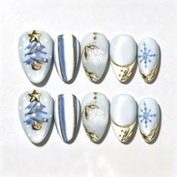Faux ongles de Noël faits main en gros, forme amande, avec motifs canne à sucre, carreaux rouges et flocons de neige, réutilisables pour les fêtes de fin d'année