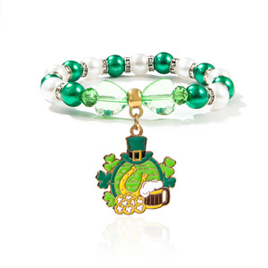 St Patricks <b>Beaded</b> <b>Bracelet</b> Green Faux Pearl Alloy Pendant Jewelry For Women Fashion Accessories - Product Image 5