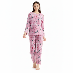 Pigiama da donna in morbido pile, set con maniche lunghe, stampa cartoon, abbigliamento da notte invernale, girocollo, vita elasticizzata, casual. - Product Image 1