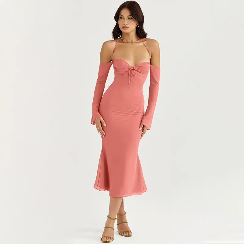 2022 Hot Style Elegant Party Bandage Spaghetti Strap Dress Feather Slit Long Sleeveless Summer Womens Dresses