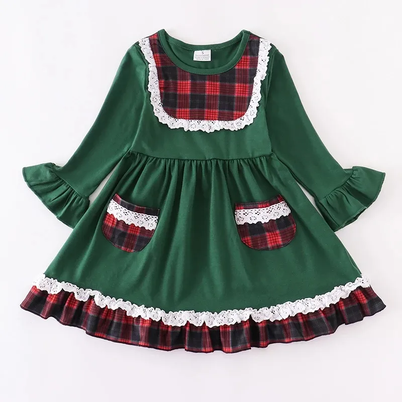 Christmas Baby Girls Kids Clothing Milk Silk Cotton Plaid Green Pocket Ruffles Dress Knee Length Long Sleeve