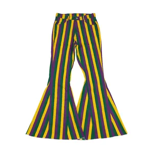 Celana jins anak perempuan Mardi Gras dewasa, celana denim anak perempuan motif garis-garis hijau kuning ungu, celana jins cutbrai untuk dewasa 2024