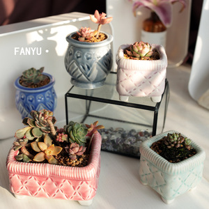 Pot de fleurs en céramique de style Ins, tendance, glacé, effet craquelé, poterie grossière, carré, créatif, en forme de boîte à biscuits, pour plantes succulentes - Product Image 2