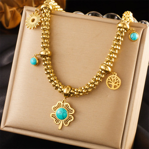 European American Style Retro Metal Blue Turquoise Four Leaf Clover Tree Of Life Pendant Stainless Steel Chain Necklace - Product Image 1