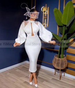 Robes de <span class=keywords><strong>Mariage</strong></span> Civil <span class=keywords><strong>pour</strong></span> Mariée Col Montant Manches Longues Longueur Mi-Mollet Moulantes Plissées Perles Robes de Mariée Aso Ebi Personnalisées - Product Image 4