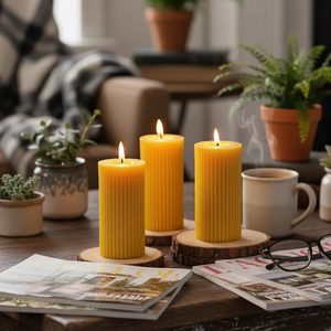 Juego de 3 Velas de Pilar Acanaladas de Cera de Abeja y Parafina Natural Pura, Sin Perfume, de Larga Duración (<span class=keywords><strong>105</strong></span> <span class=keywords><strong>Horas</strong></span>), para Navidad y Hogar, Precio de Fábrica - Product Image 5