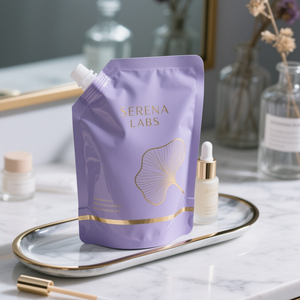 Bolsa de pico biodegradable para el cuidado de la piel, bolsa de pico blanco mate, bolsa de cosméticos de plástico portátil con estampado dorado - Product Image 3