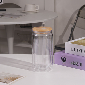 كوب زجاجي مزدوج الجدار بتصميم نحيف سعة 16 أونصة للطباعة بالتسامي مع غطاء وقش، كوب ثلجي قابل للتخصيص بالجملة - Product Image 3