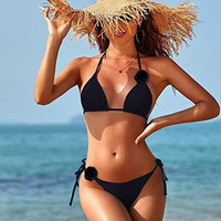 Maillot de bain deux pièces sexy pour femme, couleur bonbon, col en V, string noir uni, respirant, extensible, micro-soutien-gorge