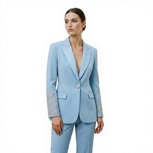 Completo Blazer a Due Pezzi Jinyuan in 100% Lana Blu Ghiaccio con Collo a Scialle - Product Image 1