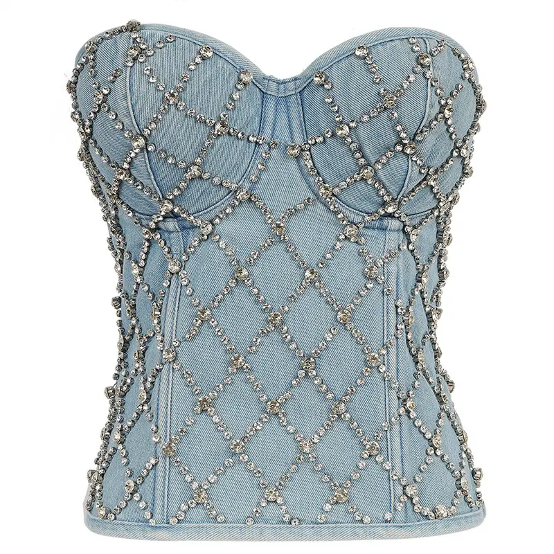 A203 Hot selling high quality rhinestone decorated bodycon sexy denim corset tops for women