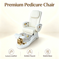Sillón de Pedicura Profesional de Lujo para Salón de Uñas, Cuero Blanco, Decoración Dorada, Lavabo de Cristal