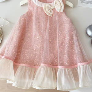 Robe de princesse de fête mignonne à sequins en maille sans manches pour enfants, avec nœud pour filles, vente en gros d'été - Product Image 5