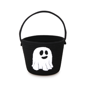 Panier à bonbons fantôme d'Halloween en <span class=keywords><strong>corde</strong></span> de coton noire pliable avec poignée pour bonbons et décorations de fête, cadeau effrayant, vente en gros - Product Image 1