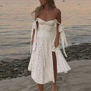 Vestido Maxi Romántico con Estampado Floral, Hombros Descubiertos, Sin Mangas, Corte en A, Chifón, Escote Corazón, Dobladillo con Abertura, Vestido Casual de Verano - Product Image 4