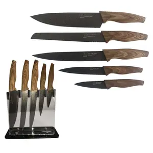 5pcs stainless steel non-stick coating wood pattern TPR handle chef set with acrylic block the kitchen knives