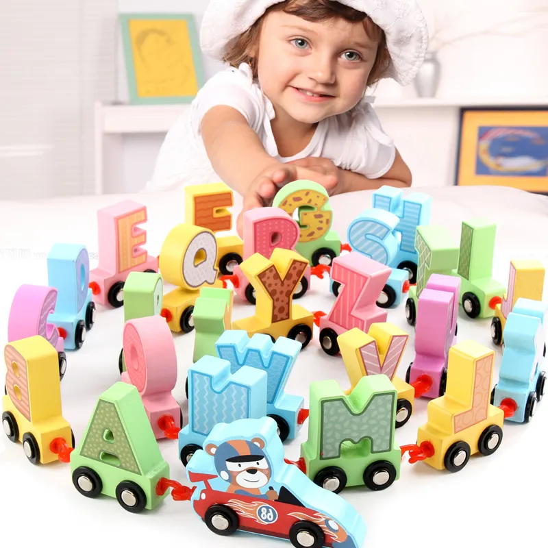 Puzzle en bois Montessori moderne pour enfants, blocs de construction, Train, lettres assemblées, jouets éducatifs, voiture, jouet de l'alphabet