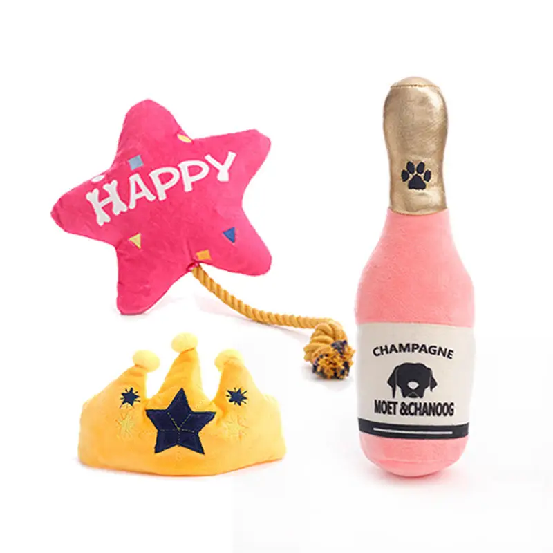고품질 파티 선물 샴페인 크라운 풍선 개 씹는 생일 장난감 인터랙티브 플러시 애완 동물 장난감