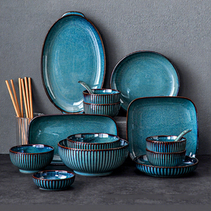 Service de vaisselle en céramique bleu nordique à glaçure réactive, vaisselle en porcelaine cannelée pour restaurant, hôtel, mariage, dîner à domicile - Product Image 1