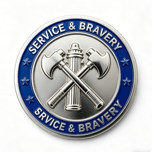 Moneda Conmemorativa Personalizada de Desafío de Bomberos, Plateada, Impresa con UV, de Doble Cara, Coleccionable, de Metal, con Hacha y Hidrante - Product Image 1