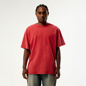 Nouveau design 2026 T-shirt col roulé à manches courtes en coton 100% coupe classique, délavé à l'acide rouge, imprimé dessin animé hip-hop tricoté sur le devant - Product Image 1