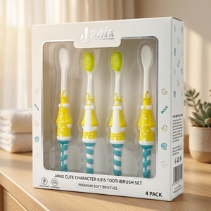 Set di 4 Spazzolini da Denti in Silicone per Bambini, Design con Personaggi dei Cartoni Animati, Base con Ventosa, Setole Morbide - Product Image 1