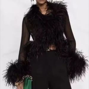 スタイリッシュなふわふわフェザーアウターウェアカスタム高級通気性クロップドリアルダチョウフェザーファーコートセクシー女性メッシュトップ付きファートップ - Product Image 6