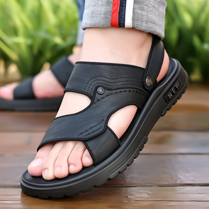 Men's Genuine Leather Sandals Open Toe Rubber Outsole Anti Slip Casual <b>Slides</b> - Product Image 3