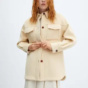 Unisex kadın ceket düz renk yüksek kalite özel yün uzun Overshirt düğme aşağı bayanlar rahat ceket