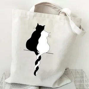 Sacs à main en toile réutilisables de 12 oz avec imprimé chats blancs et noirs, sacs de courses quotidiens en gros - Product Image 6