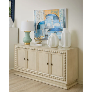 <span class=keywords><strong>Buffet</strong></span> en bois blanc vintage de luxe, armoire à 4 portes avec bordure perlée pour salon, personnalisable - Product Image 1