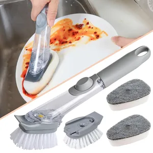 Cepillo de limpieza multifuncional con mango largo, depurador de platos con dispensador de jabón