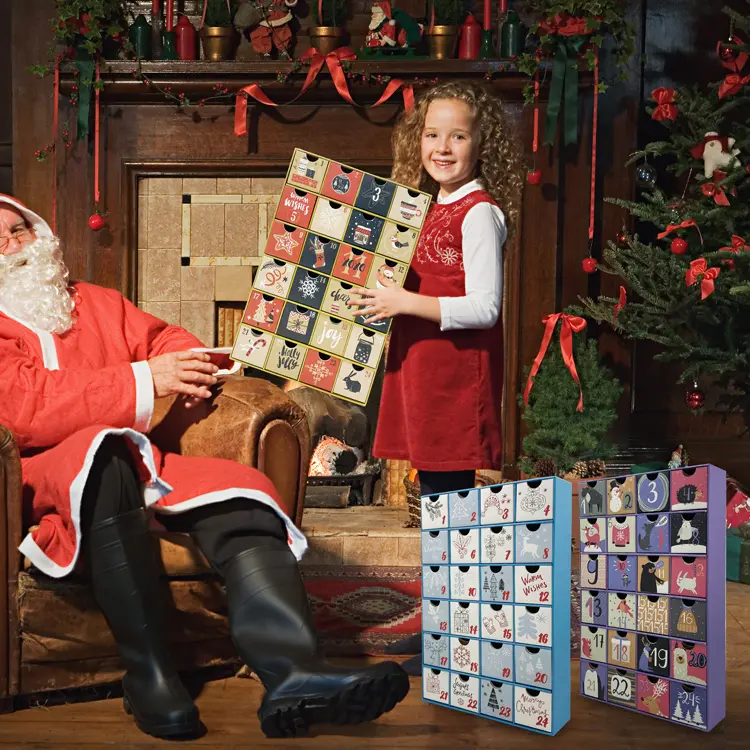Kemasan Natal Kosong Cetak Buatan Tangan Kustom Kardus Coklat Kalender Kedatangan Natal untuk Anak-anak