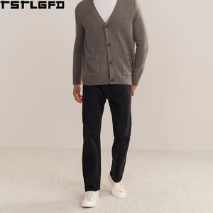 Cardigan en cachemire OEM/ODM pour hommes, marron chiné, col en V, poches plaquées, bordure côtelée, style streetwear, pulls pour hommes, fabricants en gros - Product Image 3