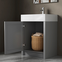 Meuble-lavabo autoportant gris en PVC avec vasque en céramique et miroir, armoire de rangement moderne pour salle de bain résidentielle, location et appartement