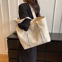 Bolso grande de lona de 100% algodón resistente, logotipo impreso personalizado, cremallera reutilizable, asas de hombro, patrón de letras para ir de compras